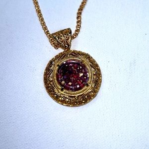NWOT Gold Plated Glass Domed Pendant With Genuine Rhodonite Plum Garnet Necklace